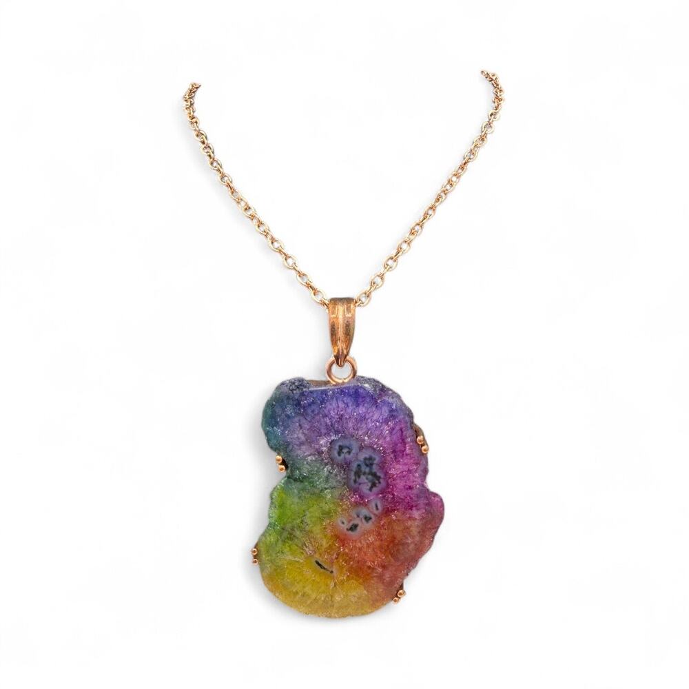 Rainbow Quartz Slice Pendant Necklace Solid Copper 18 inch Chain Handmade